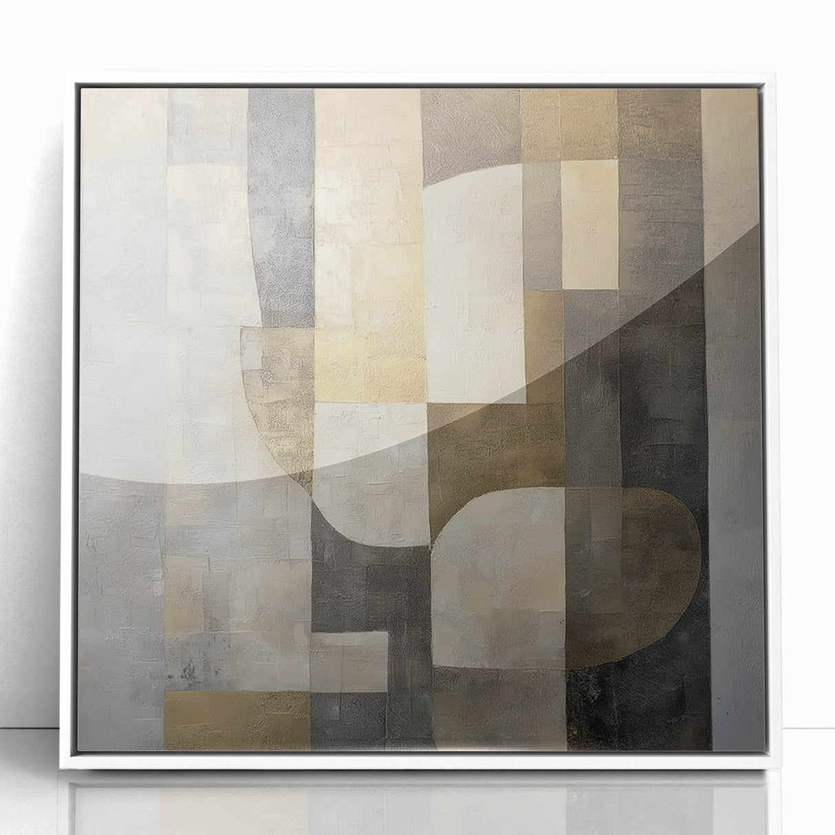 Framed acrylic artwork showcasing a modern abstract geometric design in white and blue tones, ideal for contemporary interior decor. The piece is set against a clean background, emphasizing its sleek lines and artistic flair, perfect for enhancing living spaces.