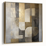 Framed abstract geometric canvas art in silver and gold tones, showcasing intricate shapes and modern design elements, ideal for contemporary decor enhancement.