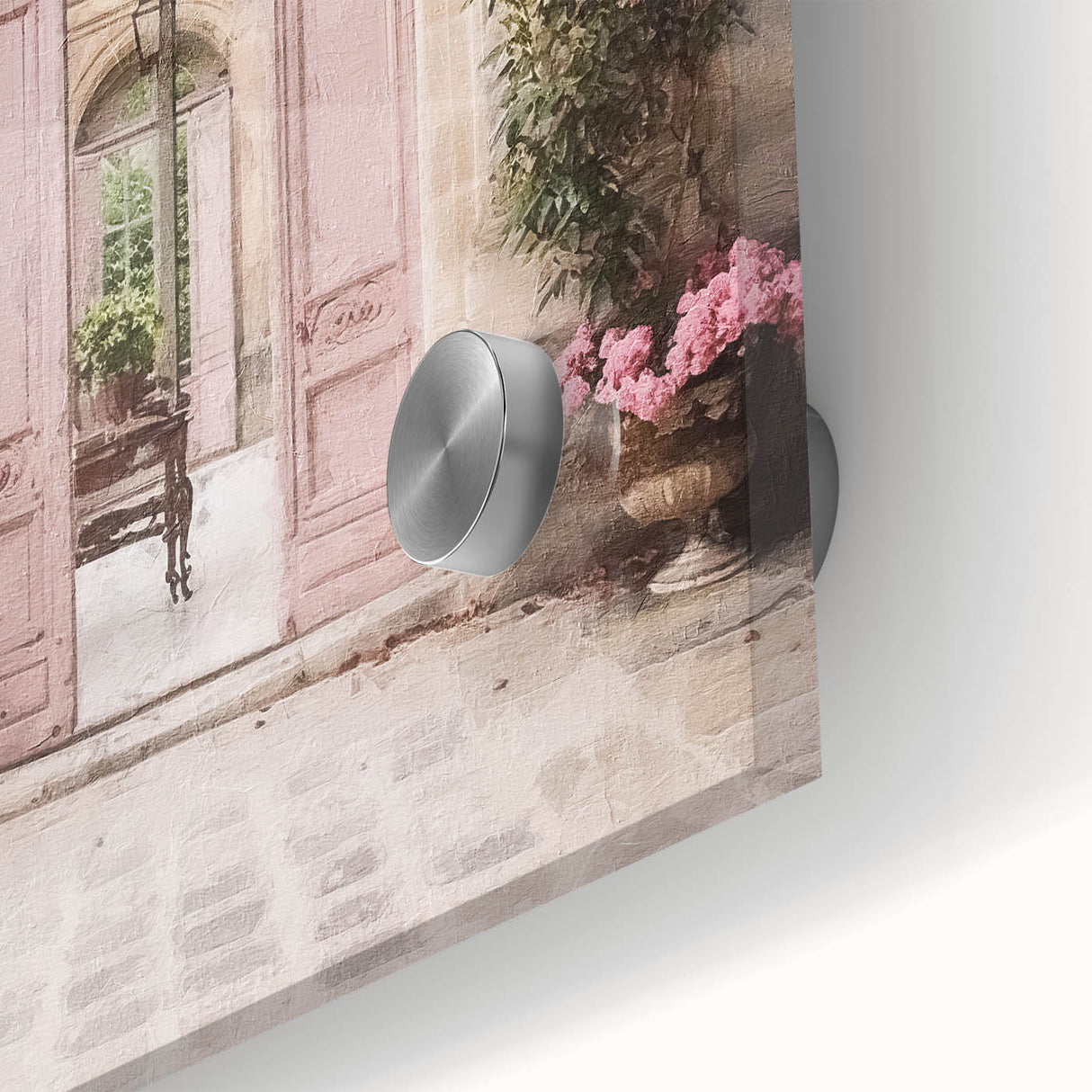 Acrylic print of a close-up French door design, featuring mid-century modernist style in muted colors.