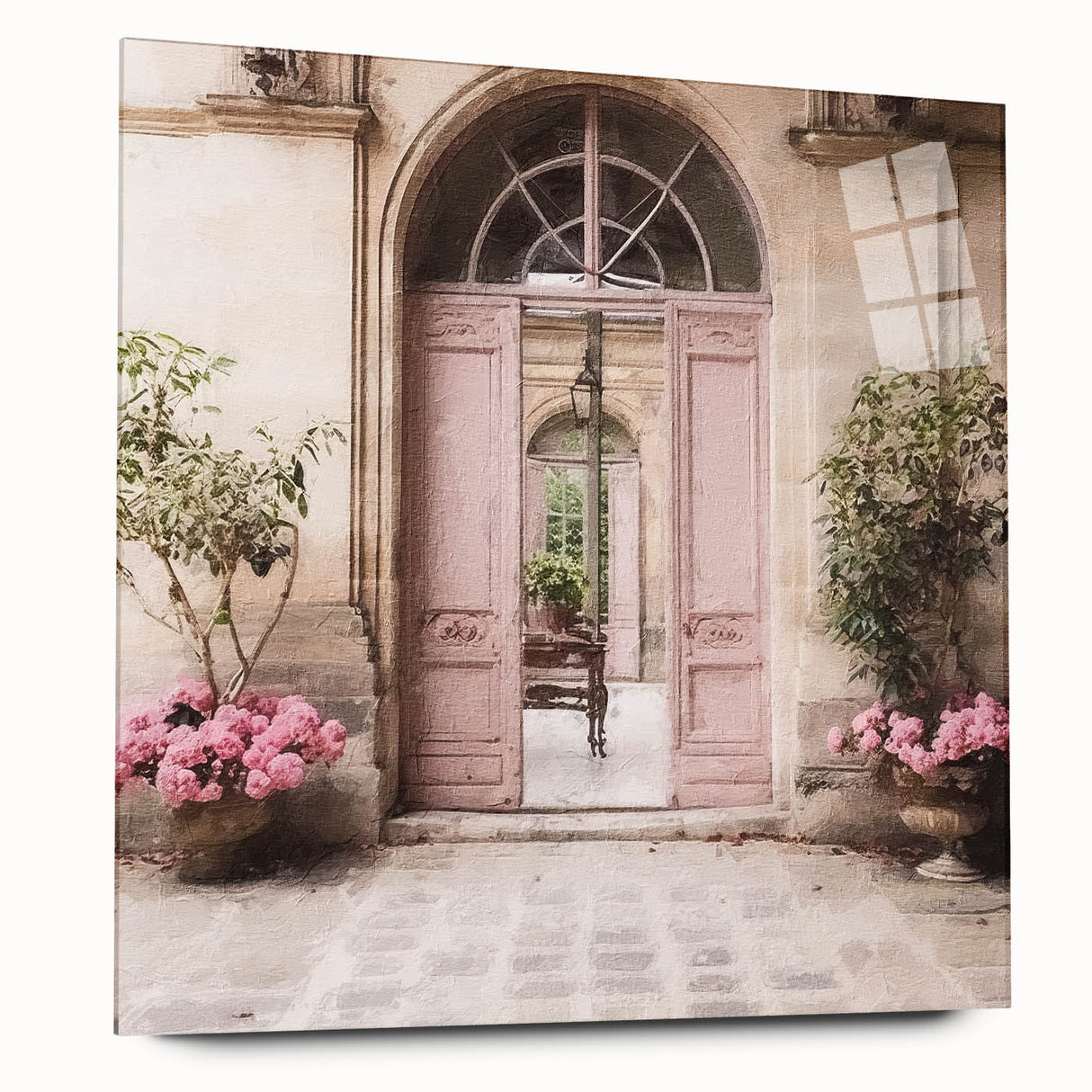 Large abstract wall art depicting a French door in muted gray and blue tones on acrylic glass.