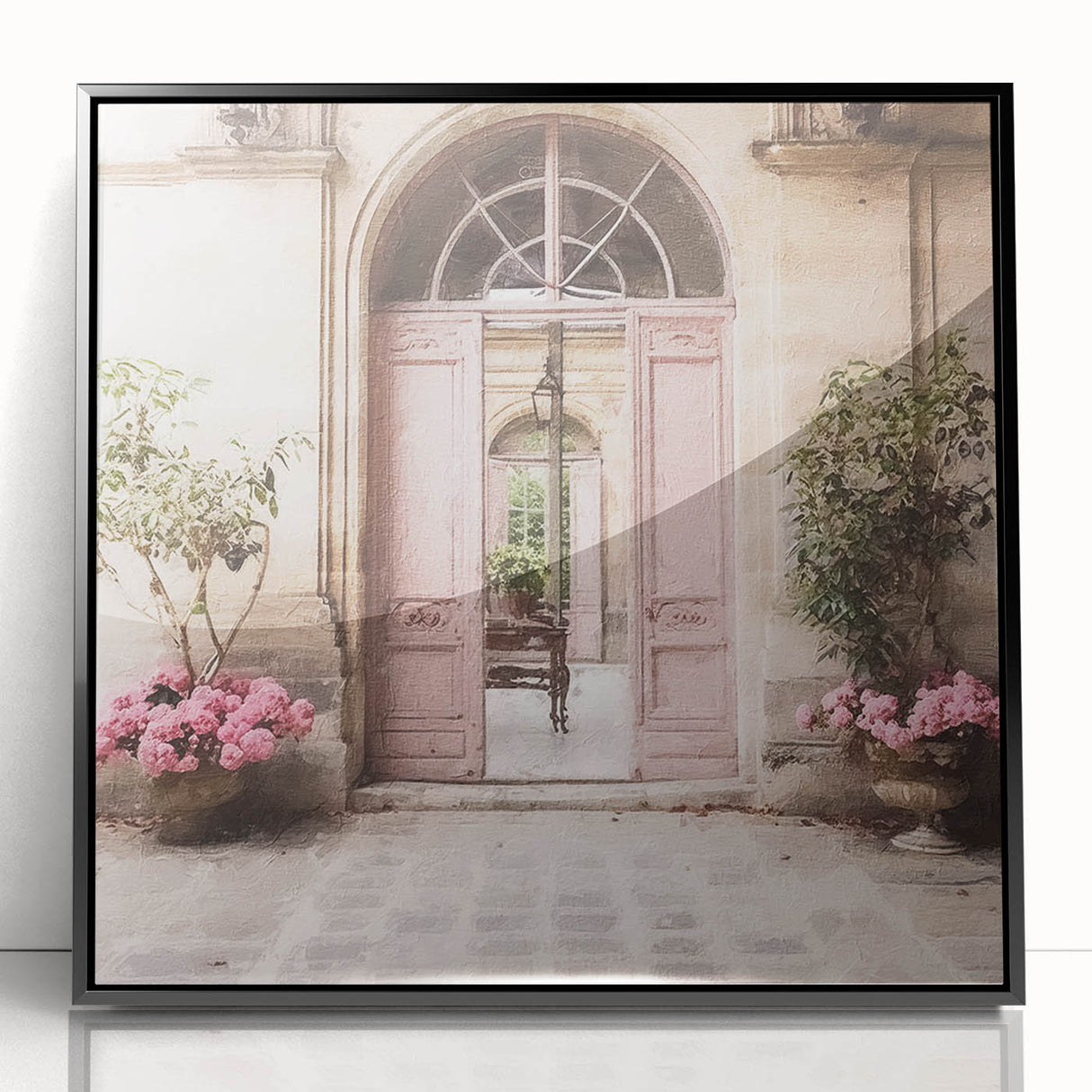 Large abstract wall art featuring a mid-century modernist black and white French door design on a framed acrylic print.