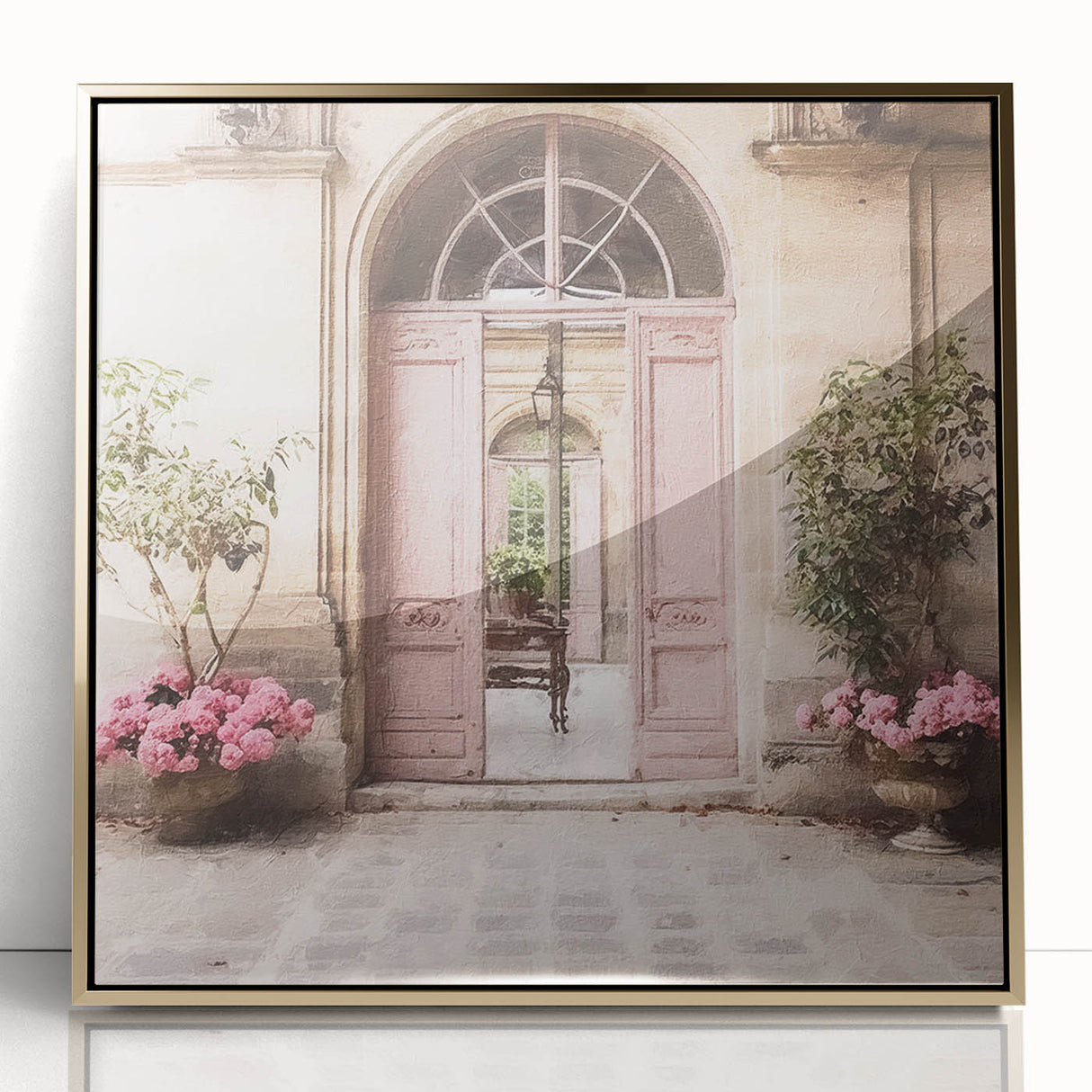 Mid-century modernist large art print of a French door, acrylic framed in gold, ideal for nursery wall decor.