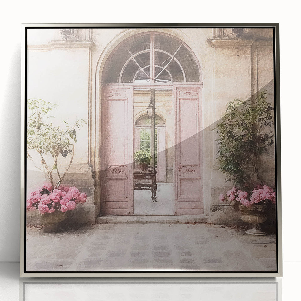 Mid-century modernist art of a French door, silver-framed acrylic print in soft gray tones, suitable for nursery wall art.