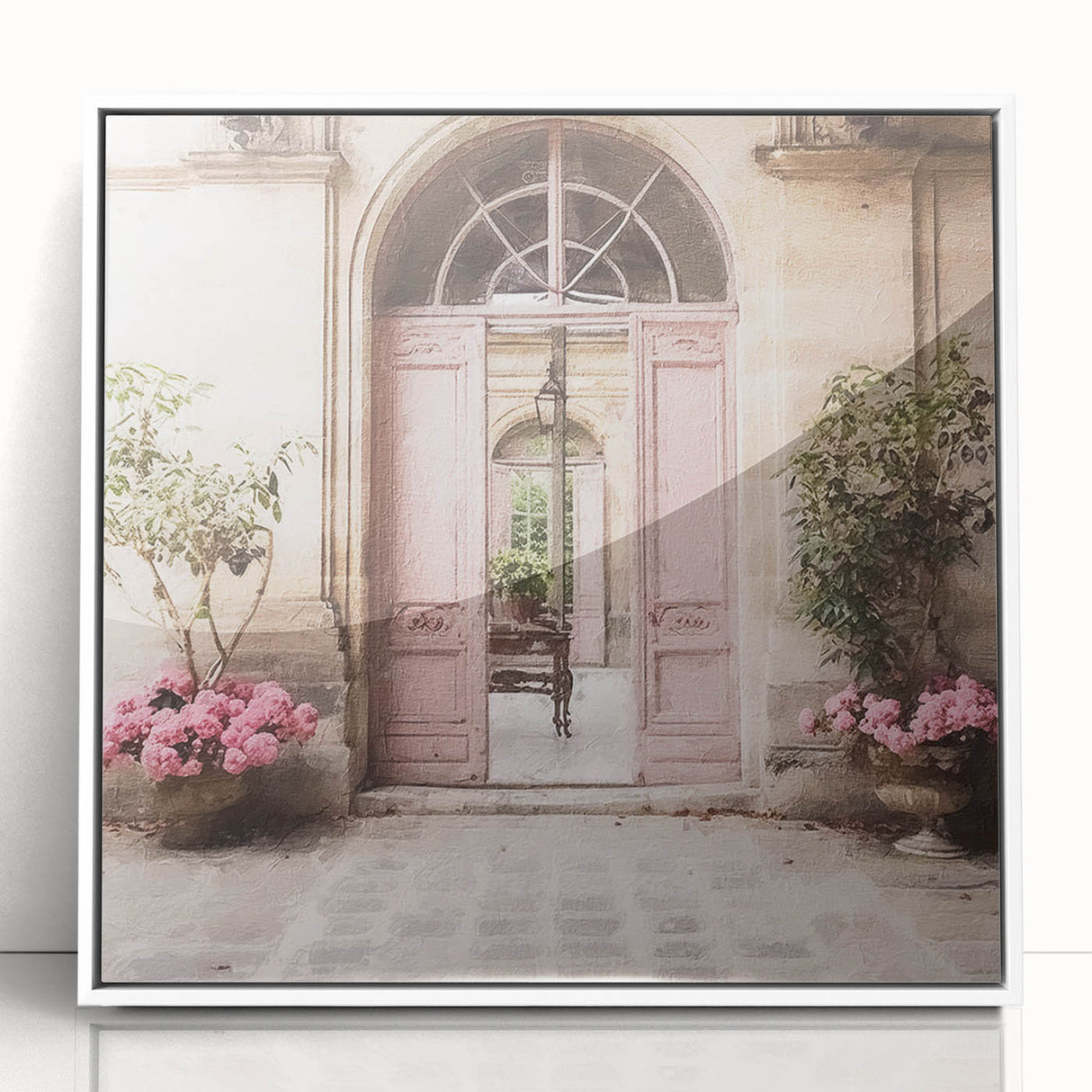 Art Deco poster of a French door architecture in muted white and gray tones, acrylic framed, ideal for nursery wall art.