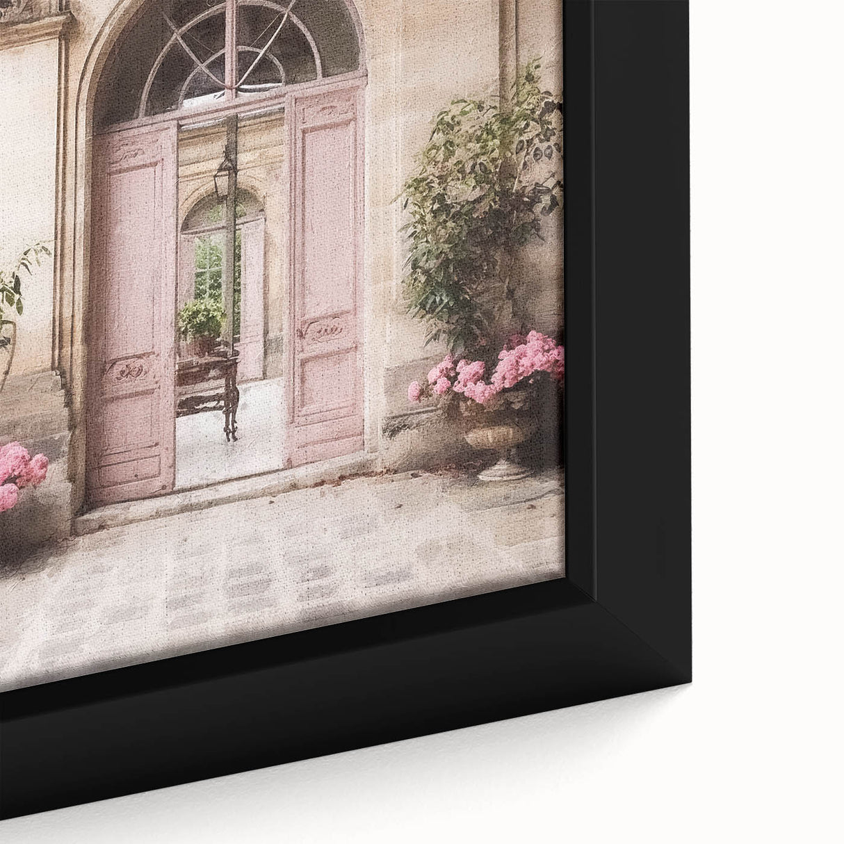 Close-up of a black framed canvas featuring a detailed, textured depiction of a French door in vibrant colors.