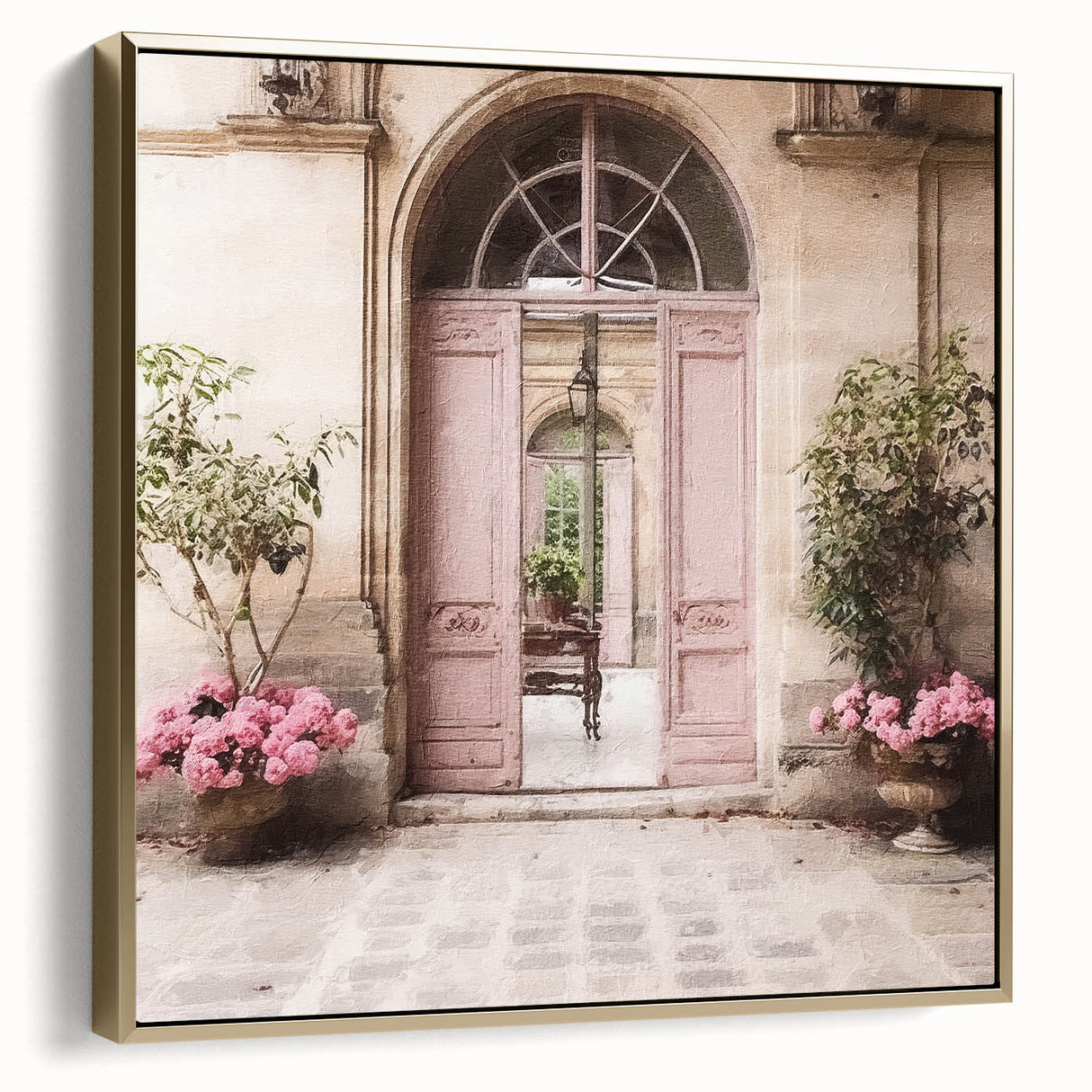Framed canvas showing a vintage poster of a French door in black with silver and gold details, ideal for bedroom wall decor.
