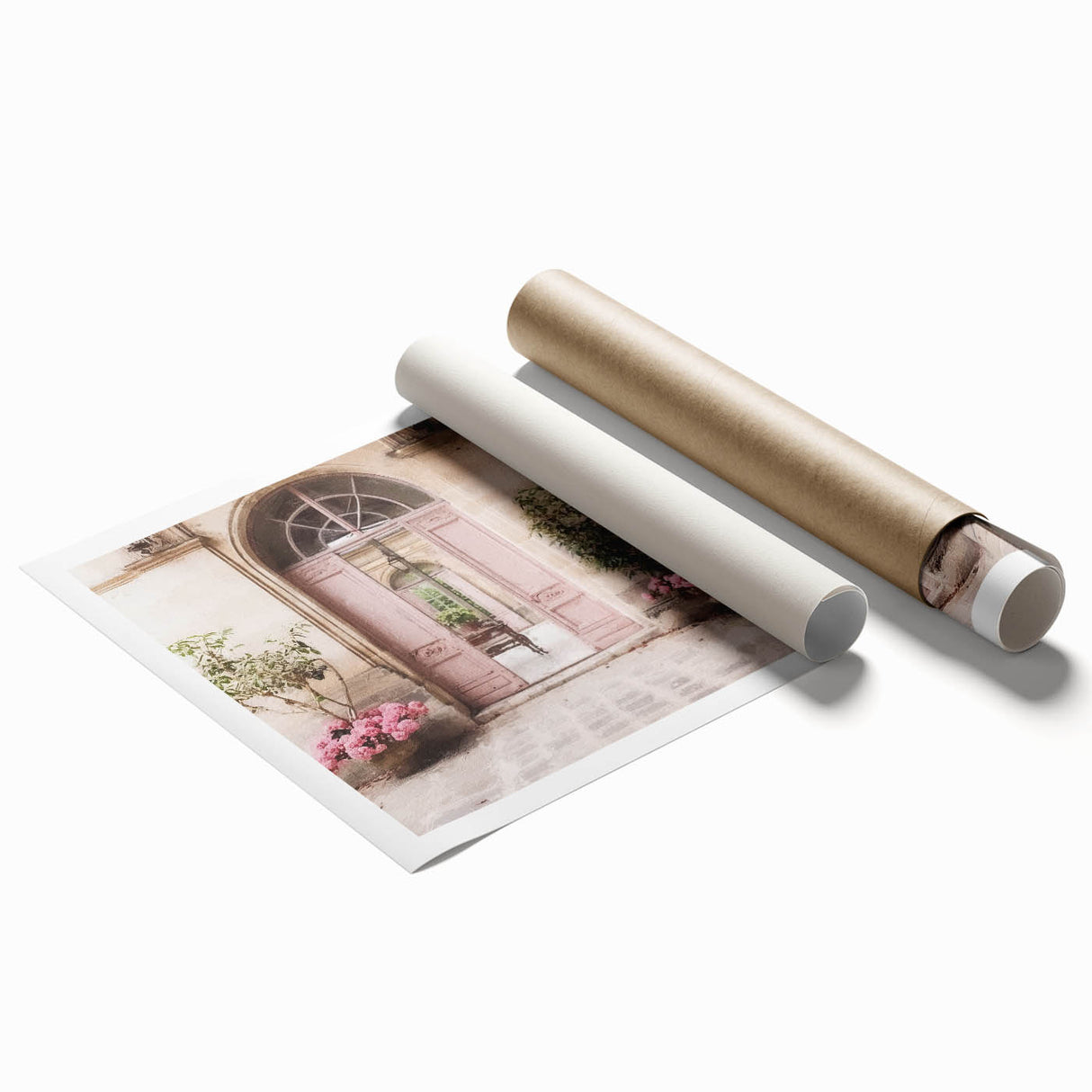Extra large rolled print of a vintage French door design with floral accents in muted colors.