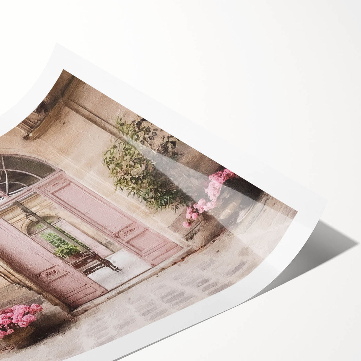 Extra large wall art featuring line art flowers on a French door architecture, in black and white, rolled print format.