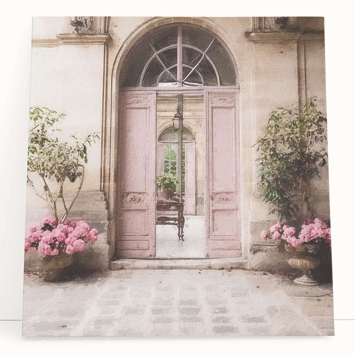 Black and white photo of a French door architecture on stretched canvas, ideal for kitchen wall art or bedroom ambiance.