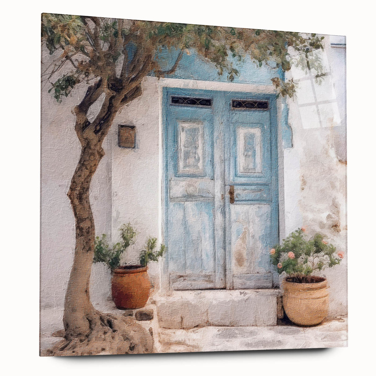 Acrylic print of a large abstract depiction of a Greek door in muted earth tones, suitable for bedroom or dining room art.
