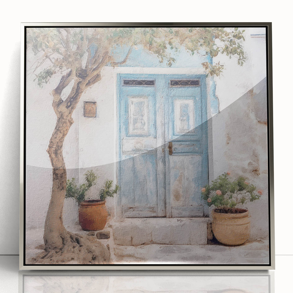 Mid-century modernist art depicting a Greek door, framed in silver acrylic, ideal for modern art wall decor.