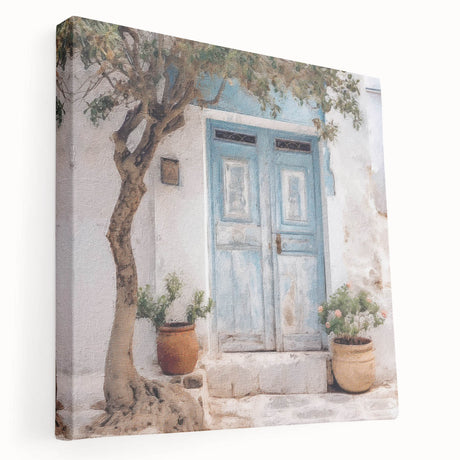 Side view of a large art print featuring a Greek door design on stretched canvas, suitable for kitchen wall art.