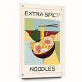 Acrylic glass print of assorted food dishes in vibrant colors, ideal for dining room decor.