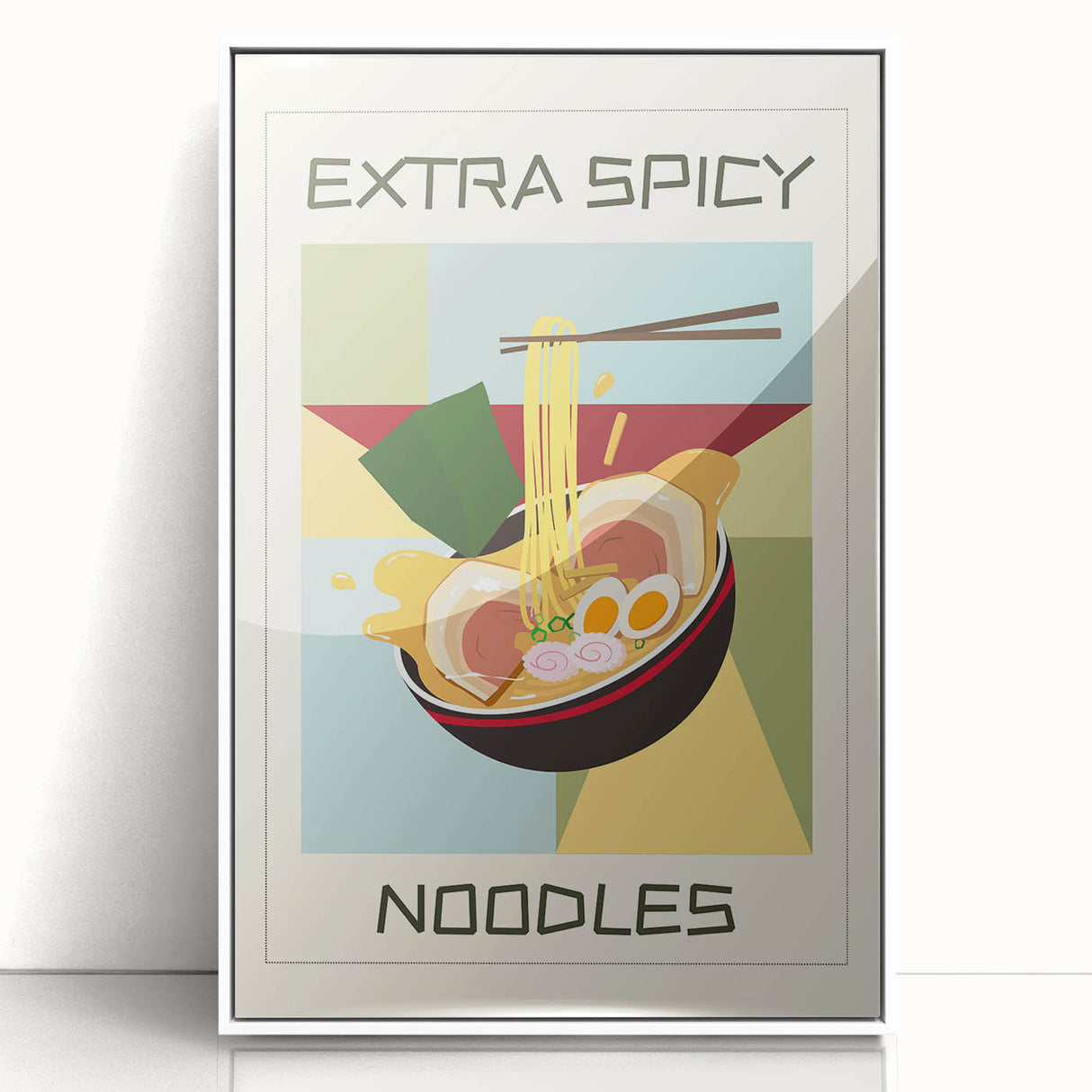 Art deco poster featuring assorted food dishes, in a white acrylic frame, suitable for modern kitchen decor.