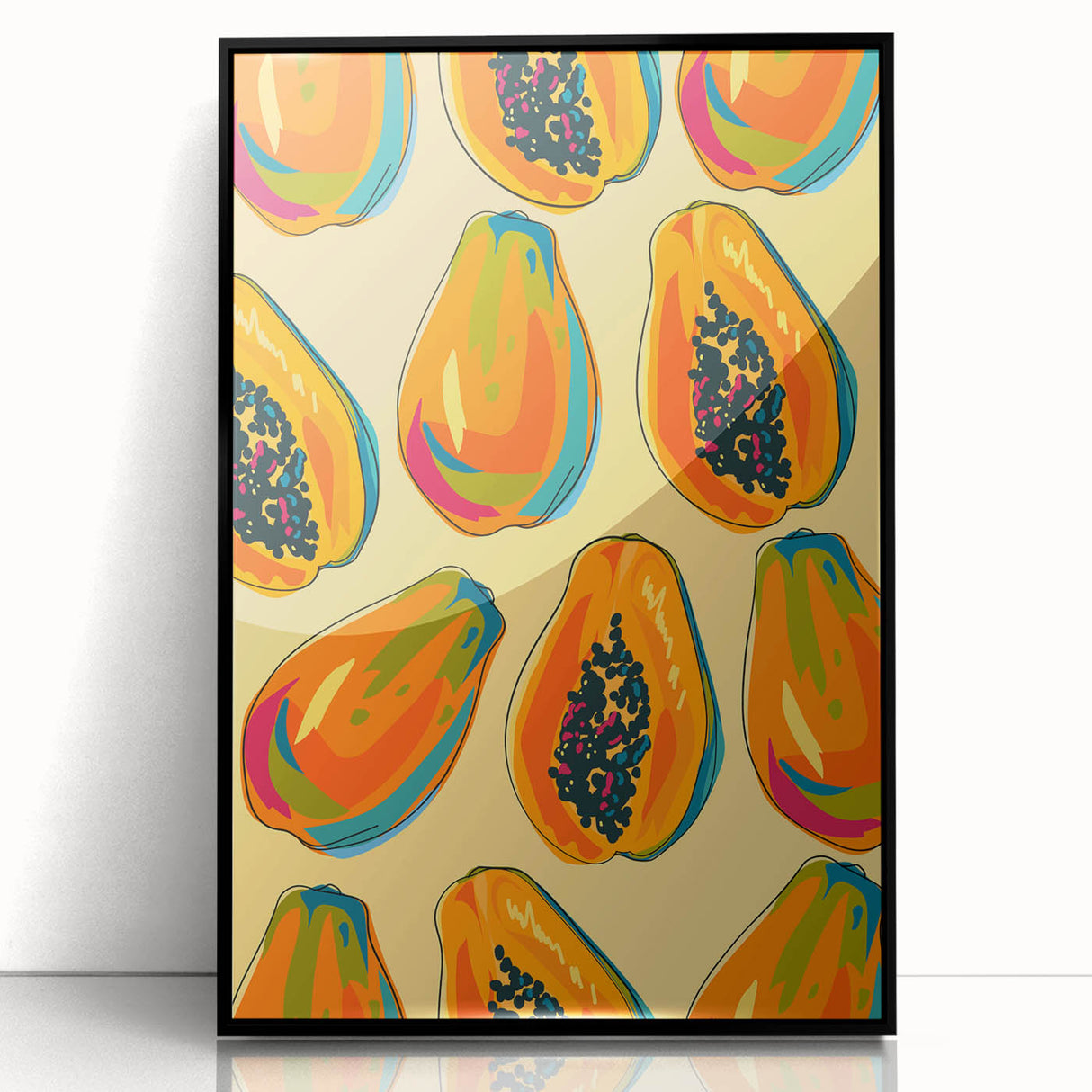 Large abstract wall art featuring assorted fruits in bold colors on a black acrylic frame, ideal for modern kitchen decor.