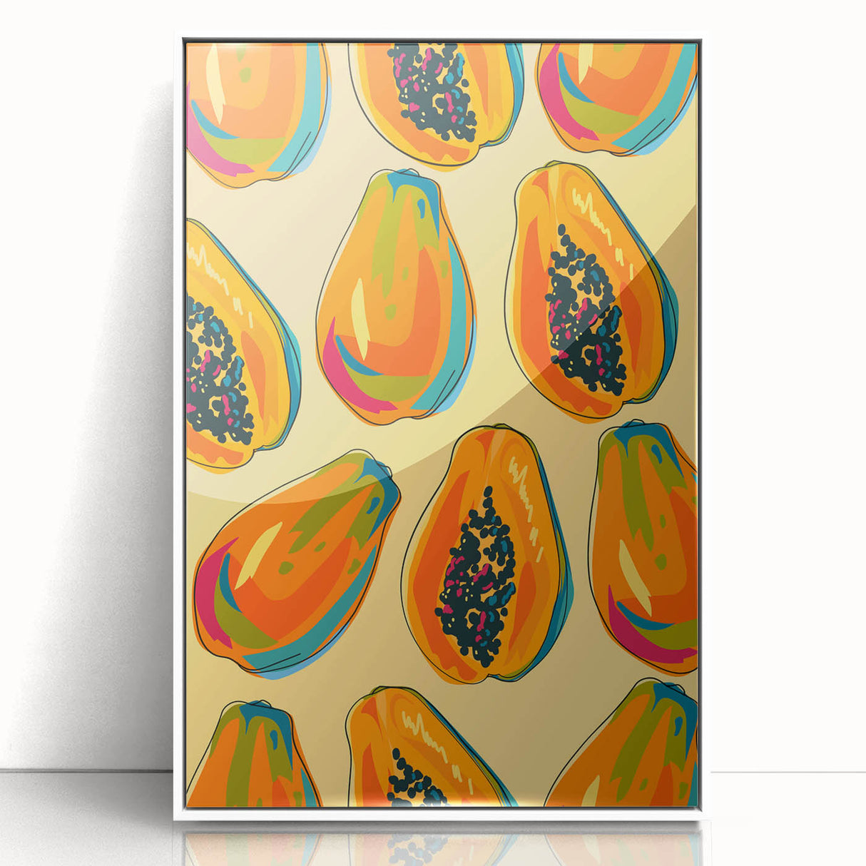 Art deco poster of colorful fruits on white acrylic, framed, ideal for modern kitchen decor.