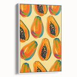 Vintage poster art of colorful fruits on a white framed canvas, ideal for large living room walls.