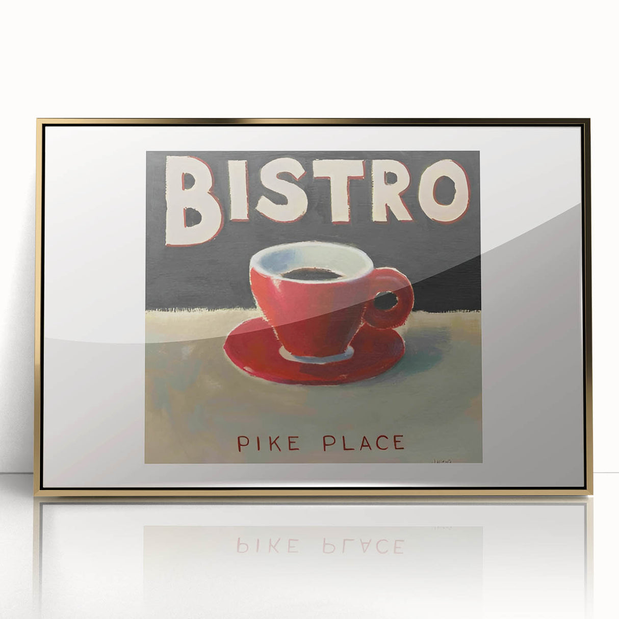 Large art print featuring a mid-century modernist design with bold geometric shapes in gold and black on acrylic.