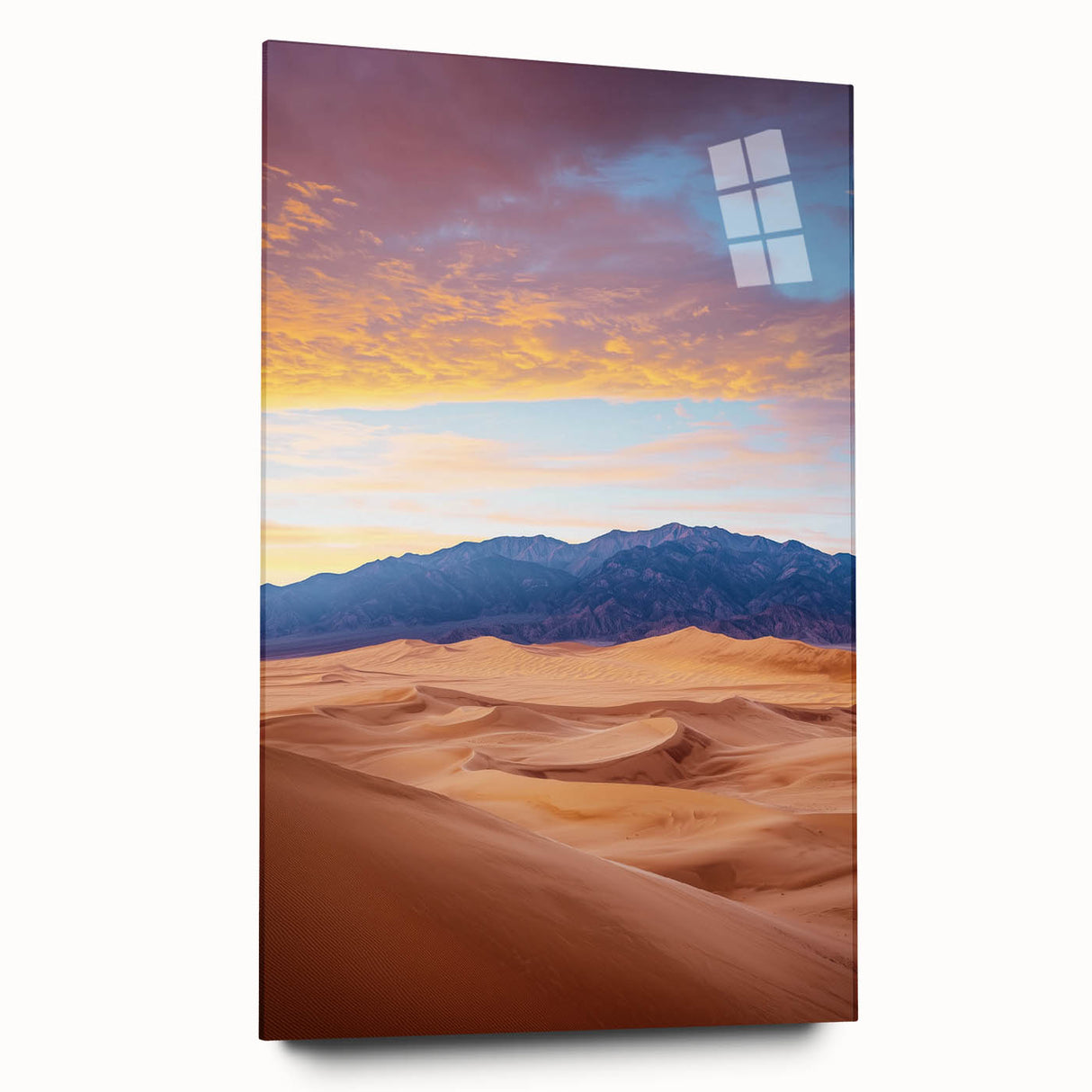 Acrylic landscape artwork of serene sand dunes displayed in a frameless glass format, showcasing soft earth tones and smooth textures, perfect for modern decor.