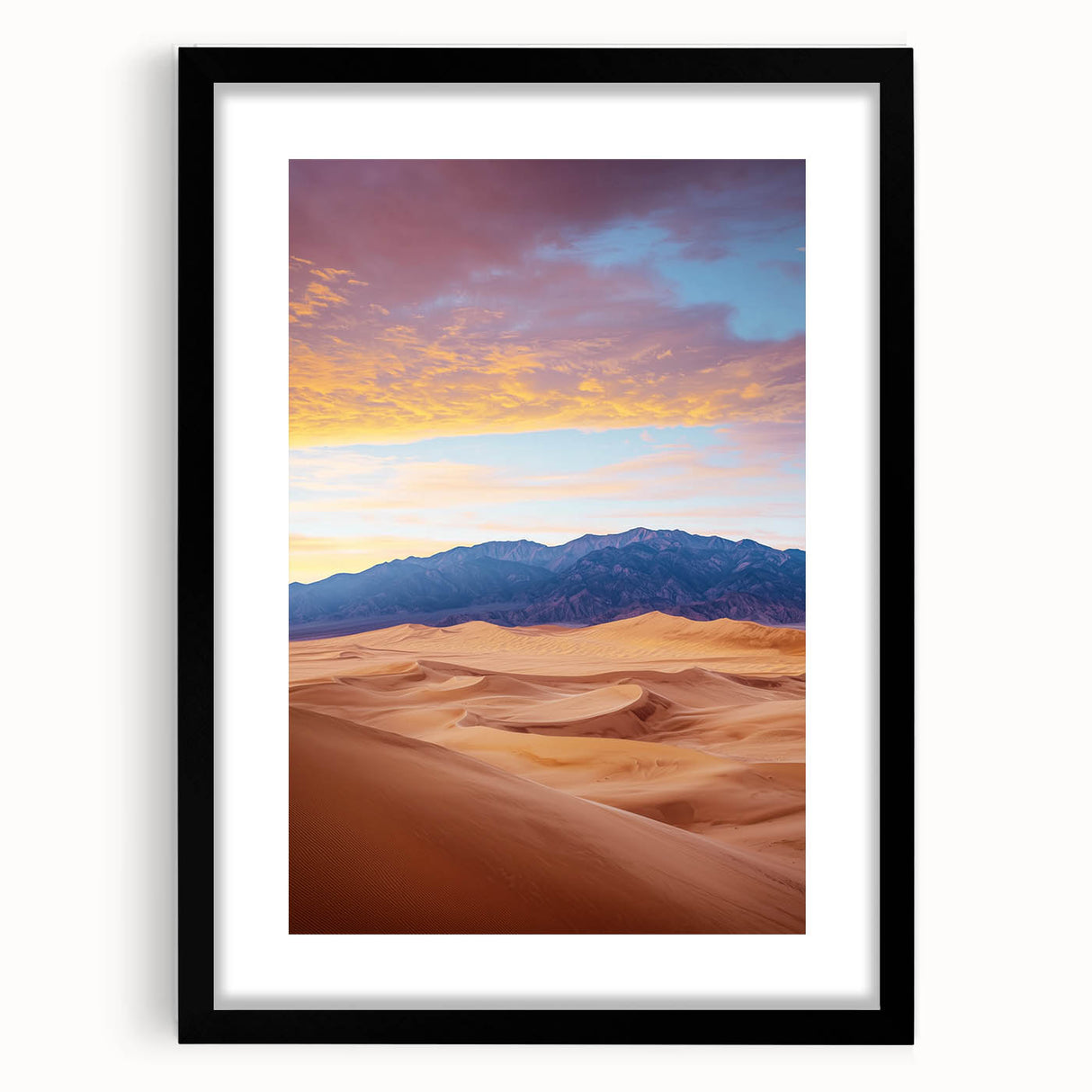 Framed landscape art print showcasing serene sand dunes in neutral tones, featuring a sleek black mat and frame, perfect for modern home decor.