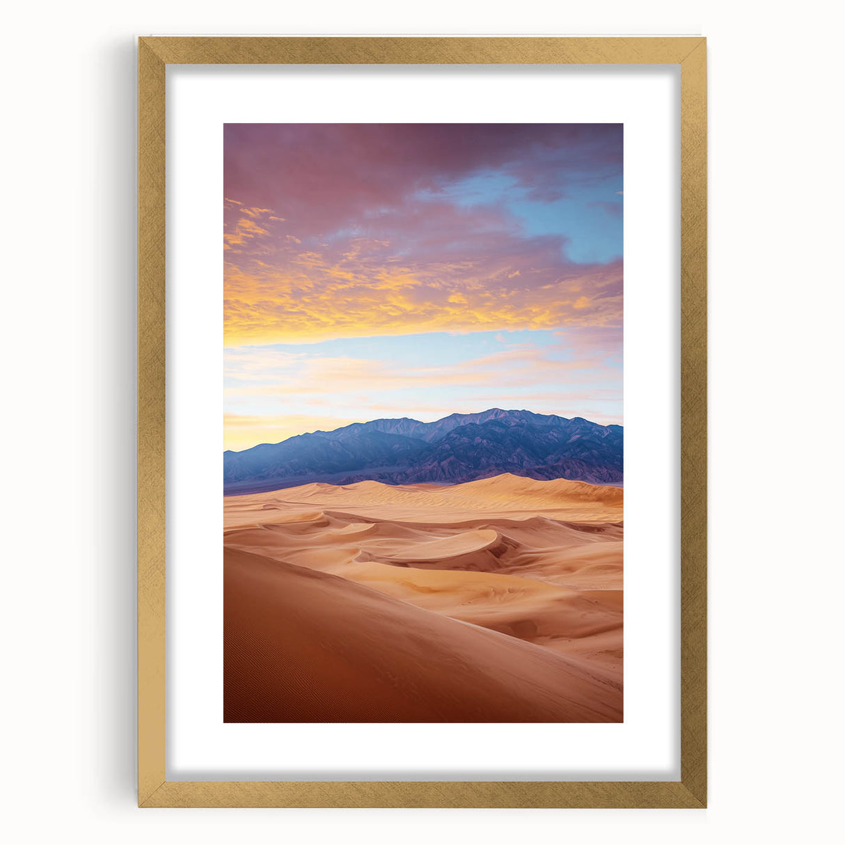 Elegant gold-framed landscape artwork showcasing serene sand dunes under a clear blue sky, perfect for enhancing home decor with a touch of sophistication.