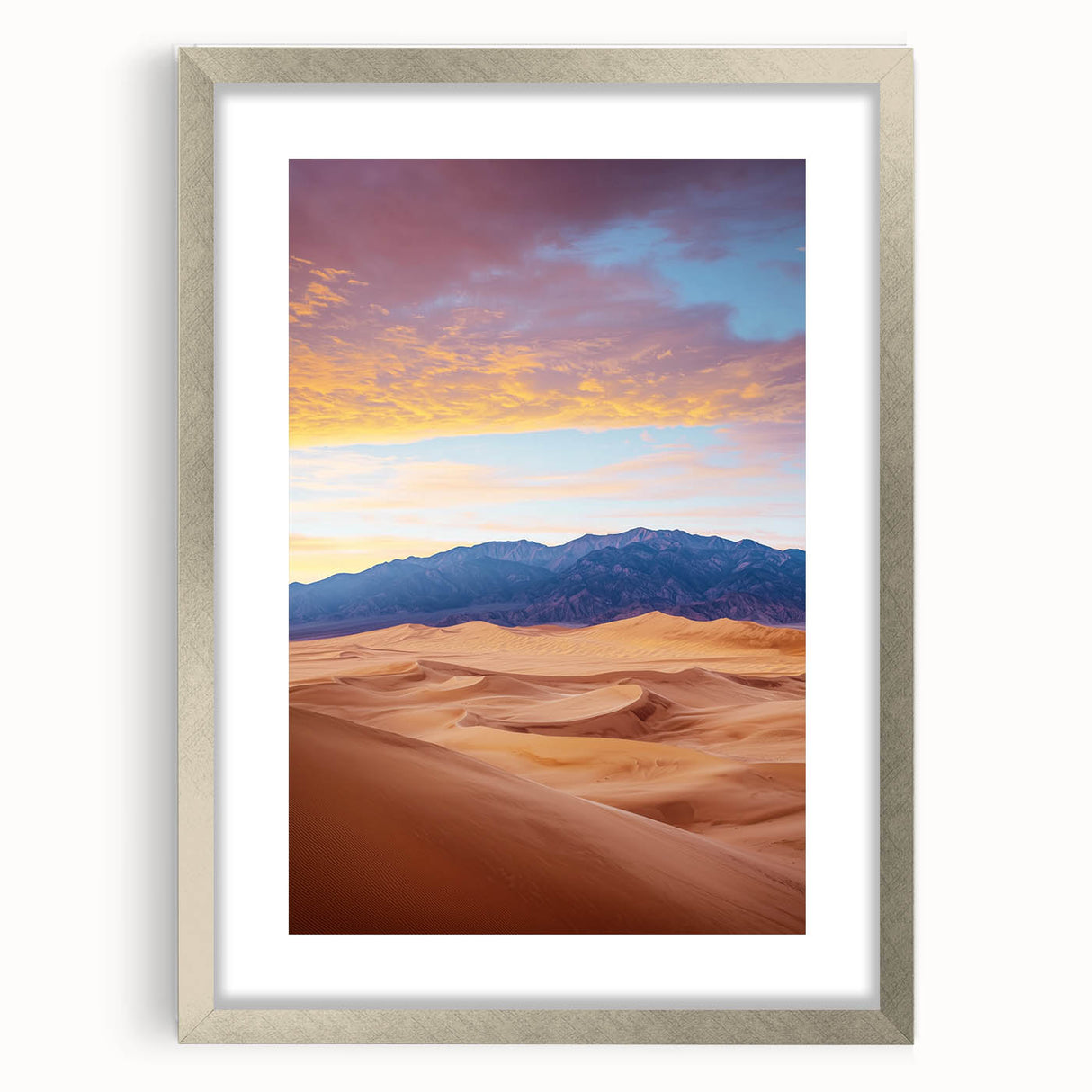 Silver-framed landscape artwork depicting serene sand dunes, matted for elegance, ideal for home decor or office space, enhancing modern aesthetics.