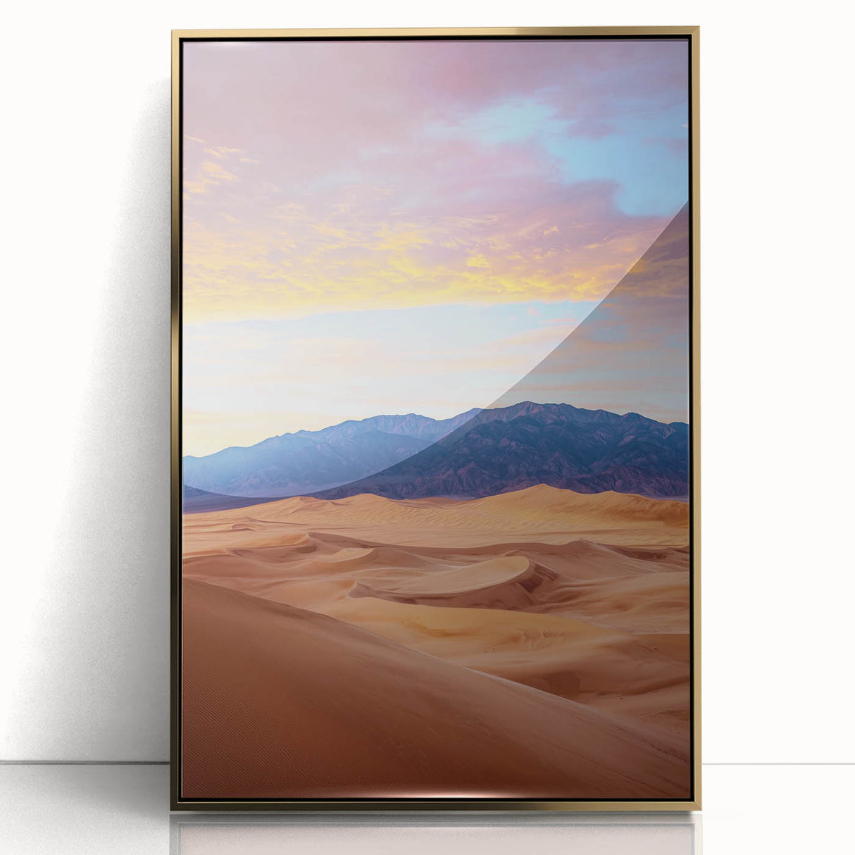 Framed acrylic artwork showcasing a serene desert landscape with golden dunes, ideal for modern home decor, enhancing elegance and tranquility in any space.