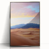 Framed acrylic artwork showcasing a serene landscape of rolling dunes, emphasizing soft beige and sandy tones, ideal for enhancing modern home decor.