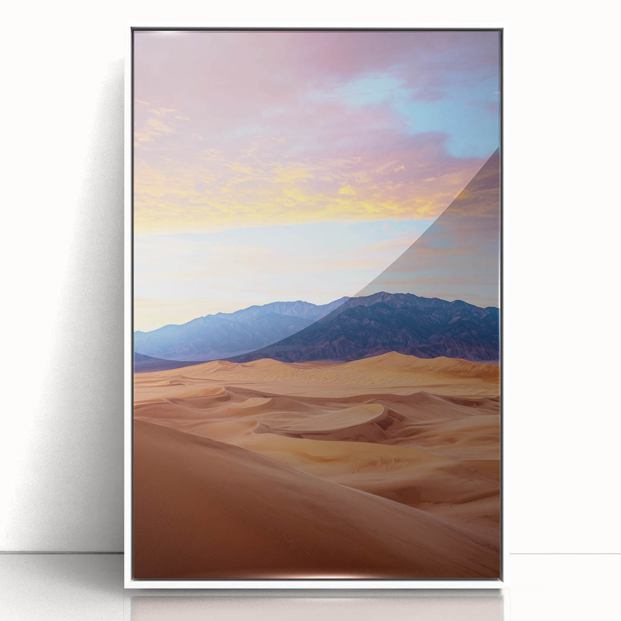 Framed acrylic landscape art depicting serene sand dunes with a white mount, showcasing warm earthy tones, ideal for modern home decor and interior design.