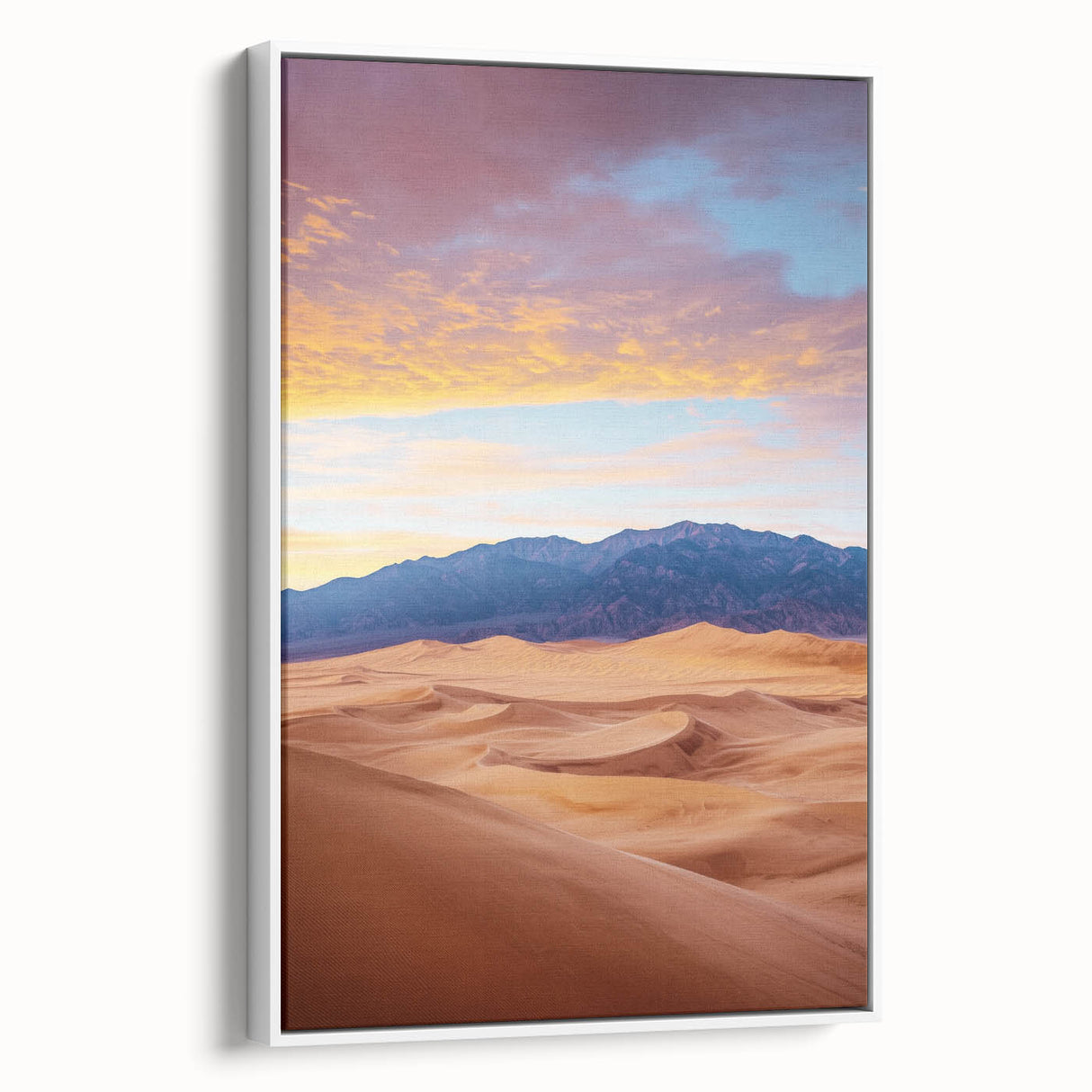 Framed canvas artwork depicting serene sand dunes in soft beige and white tones, showcasing a modern landscape design from a side angle, perfect for home decor.