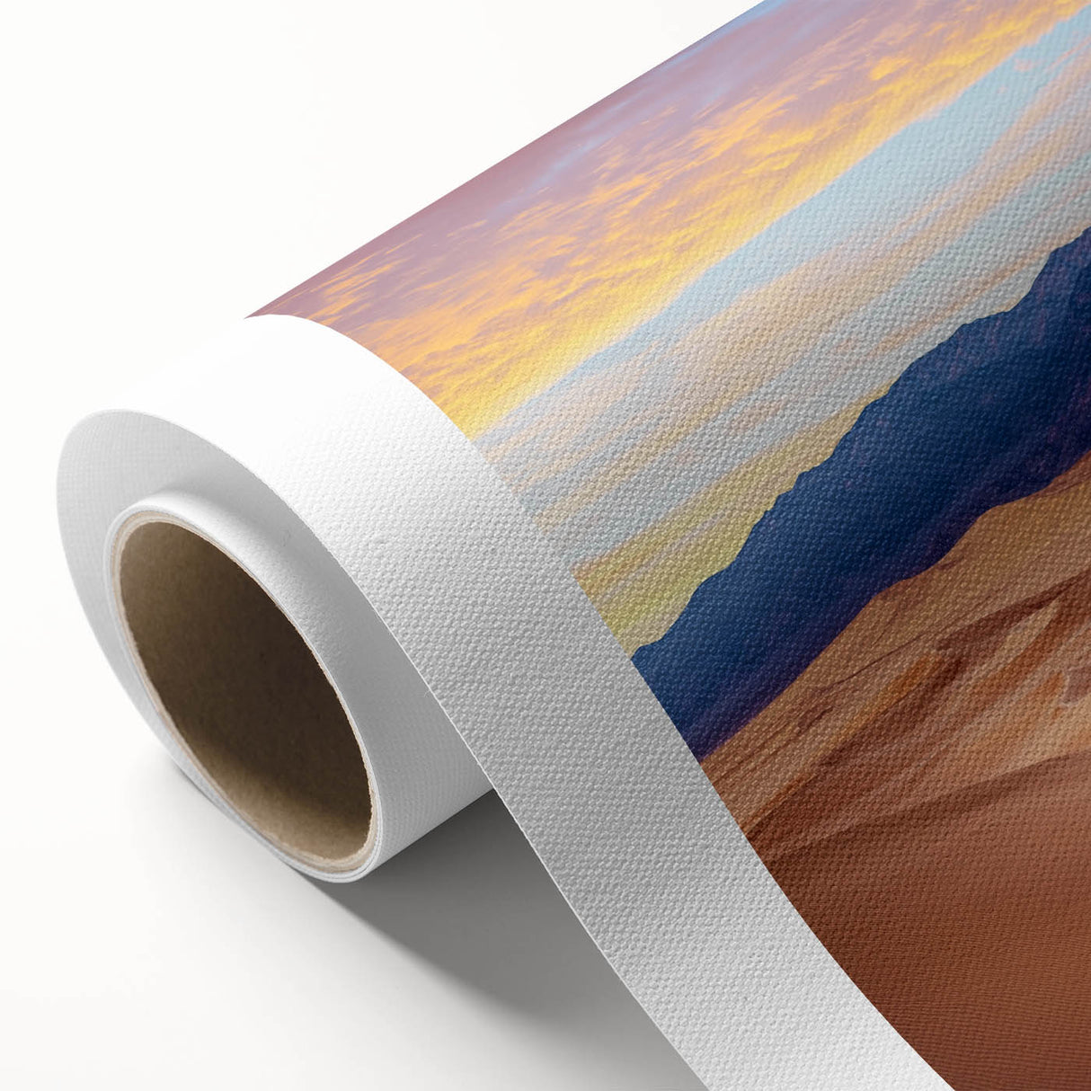 Rolled canvas showcasing a stunning landscape of golden dunes under a clear blue sky, elegantly packaged in a protective cardboard tube, perfect for home decor.