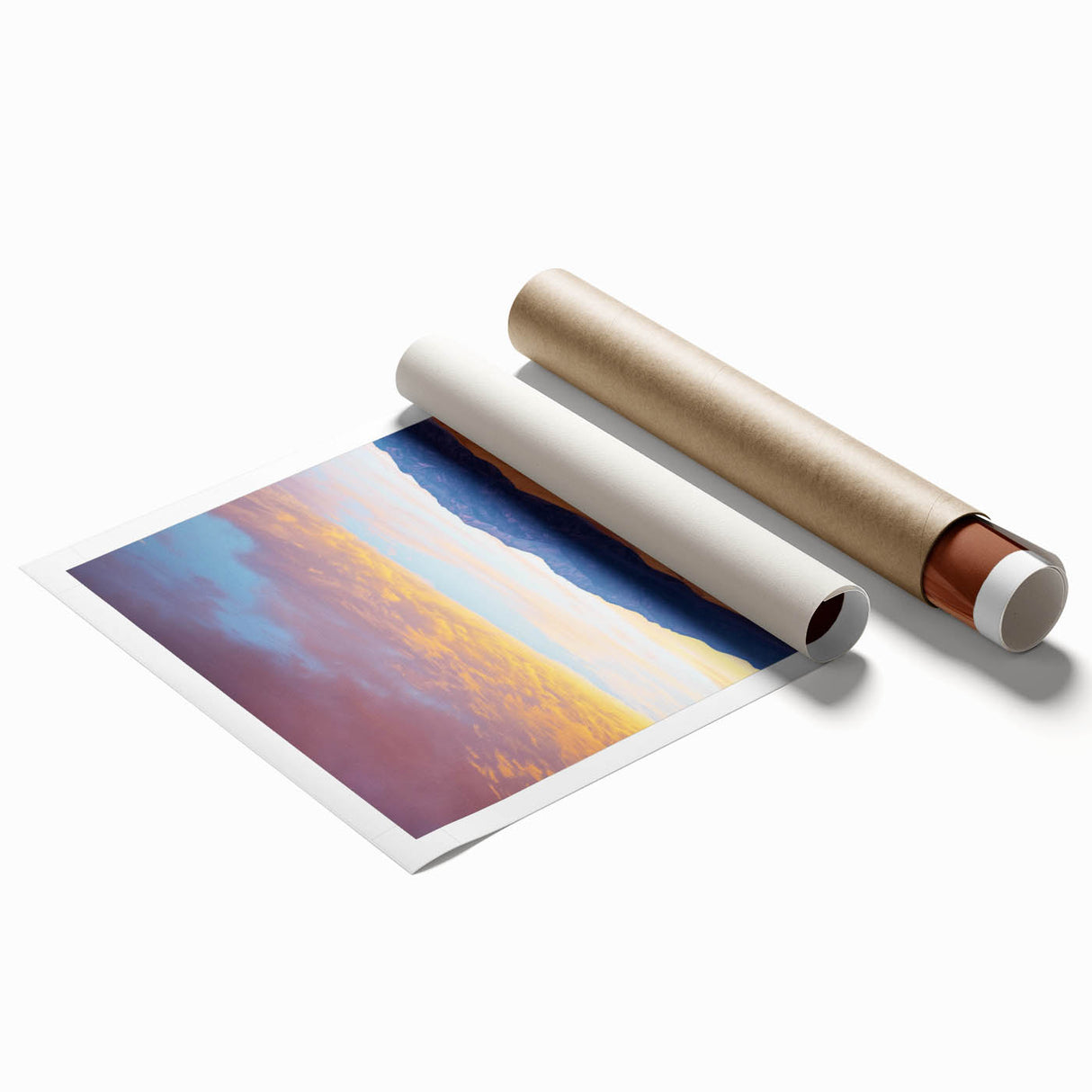 Desert landscape print showcasing golden sand dunes under a clear blue sky, rolled and ready for display, emphasizing natural beauty and tranquility.
