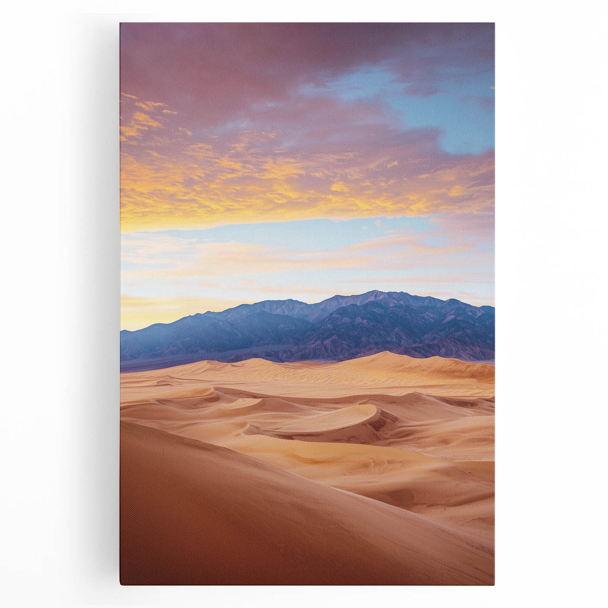 Stretched canvas artwork depicting serene sand dunes under a vibrant sunset, showcasing warm tones of orange and yellow, perfect for enhancing modern home decor.