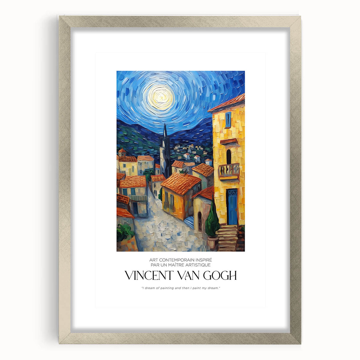 Textured art print depicting abstract swirls in vibrant blue and yellow on a silver-framed canvas, ideal for bedroom decor.