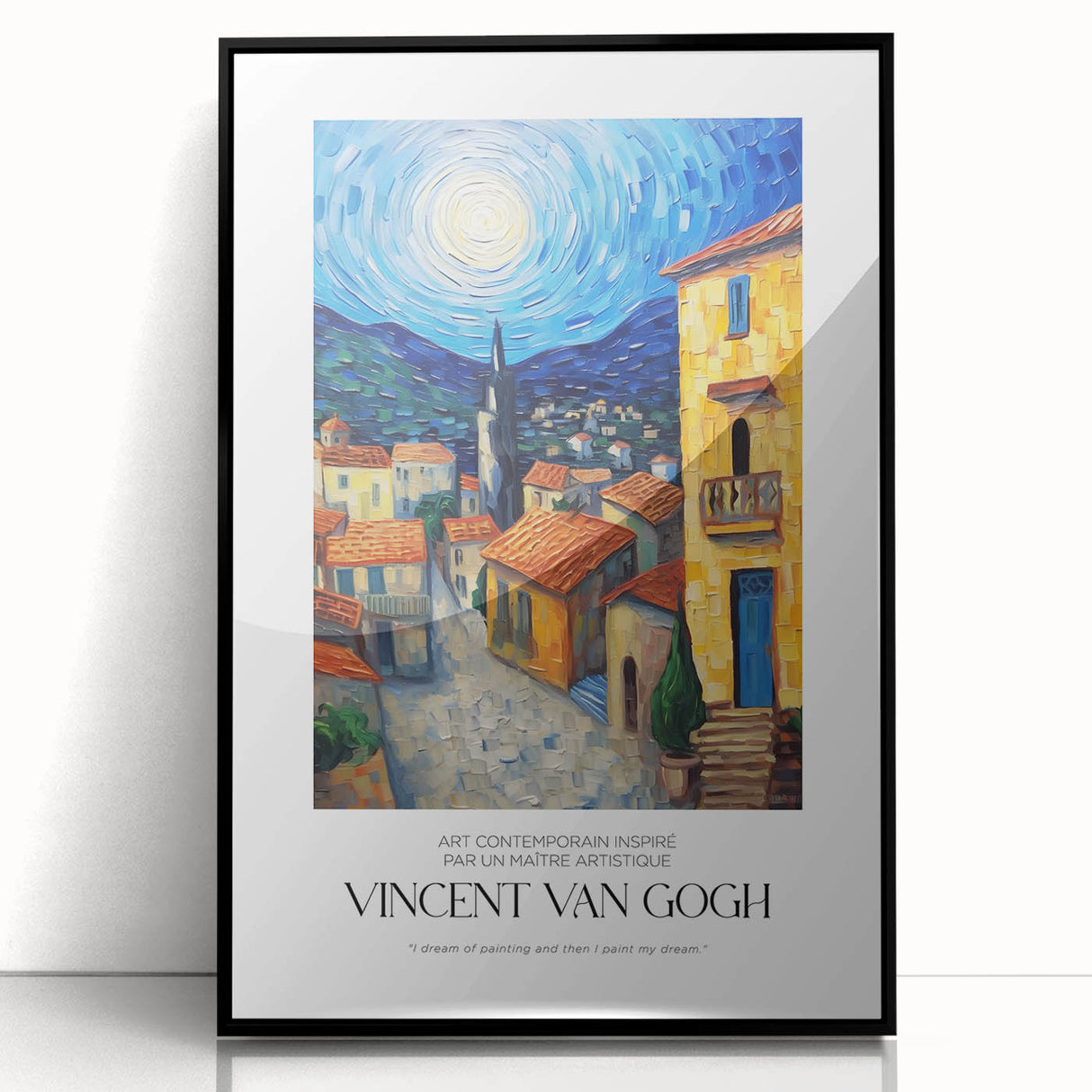 Large abstract wall art depicting a swirling starry sky in vibrant blue and yellow tones, framed in black acrylic.