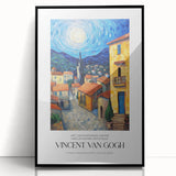 Large abstract wall art depicting a swirling starry sky in vibrant blue and yellow tones, framed in black acrylic.