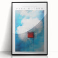 Large abstract wall art featuring bold red and black blocks, framed in black acrylic, in a mid-century modernist style.