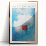 Large art print of a mid-century modernist Rothko-inspired piece in shades of red and orange, framed in gold acrylic.