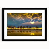 Extra large abstract art print of vibrant, colorful scenery, textured finish on a black framed canvas.