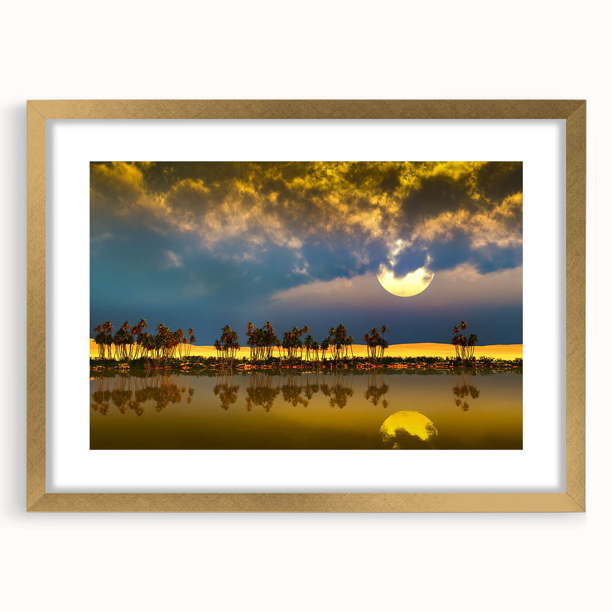 Textured abstract art print depicting a stylized Algerian landscape in earthy tones, framed in gold.