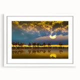 Extra large abstract art print featuring textured scenery of Algeria, in muted earth tones, framed with a white mat.
