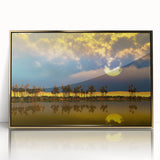 Mid-century modernist art depicting an Algerian landscape in muted earth tones on a framed acrylic panel.