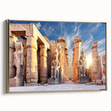 Framed canvas featuring a vintage-style landscape art painting of the Egyptian scenery in gold, black, and colorful accents.