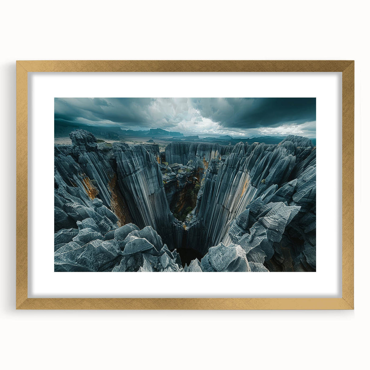 Textured abstract art print of a Madagascar scenery in muted earth tones, framed with a gold mat, suitable for bedroom decor.