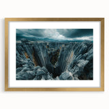 Textured abstract art print of a Madagascar scenery in muted earth tones, framed with a gold mat, suitable for bedroom decor.