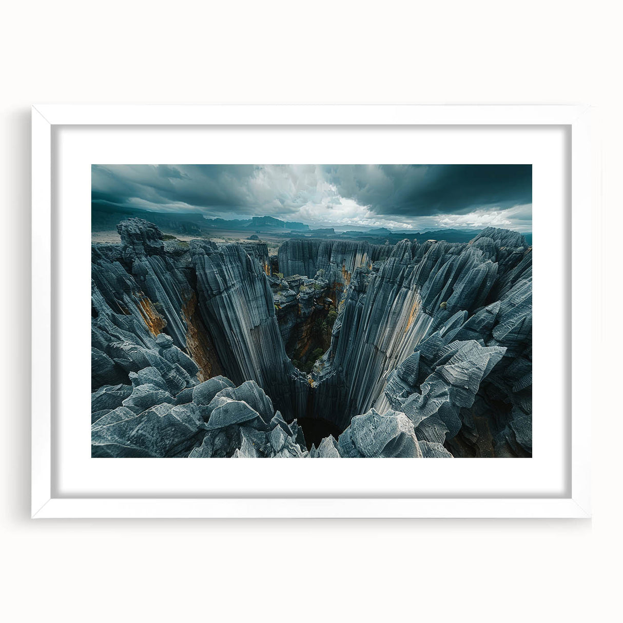 Extra large abstract art print depicting a textured Madagascar scenery in muted earth tones, framed with a white mat.