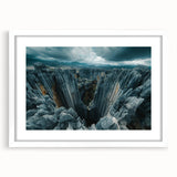 Extra large abstract art print depicting a textured Madagascar scenery in muted earth tones, framed with a white mat.
