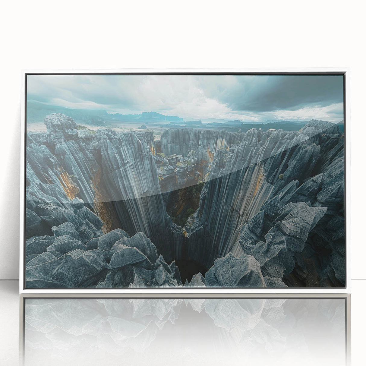 Large art print of a Madagascar scenery in mid-century modernist style, framed in white acrylic.