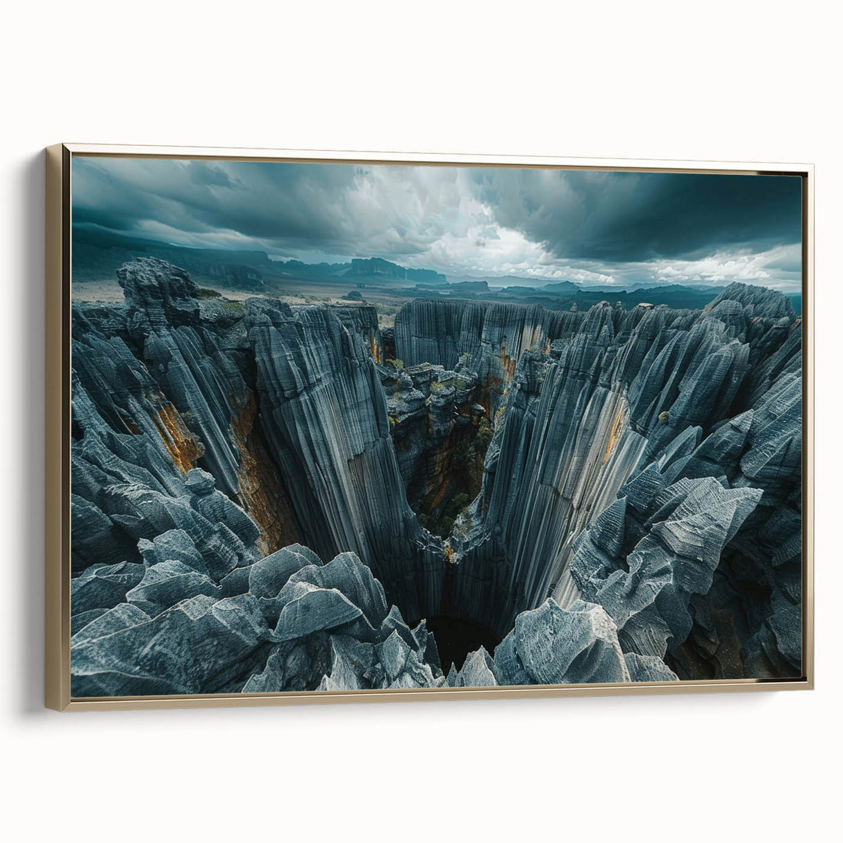 Framed canvas landscape art painting featuring a colorful Madagascar scenery with black and gold tones.