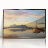 Mid-century modernist art depicting an African Mauritius landscape on a framed acrylic, featuring earthy tones.